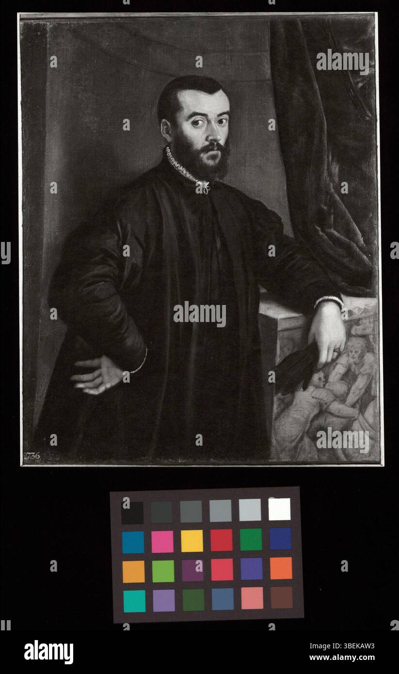 Diese Schwarzweiß-Reproduktion zeigt Andreas Vesalius, eine wichtige Figur der Anatomiegeschichte, mit dem Porträt von 1534 bis 1560. Das Werk ist eine Reproduktion eines klassischen Renaissancebildes. Stockfoto