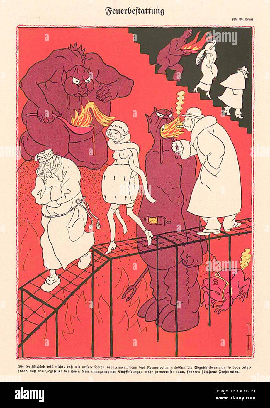 Satirisches Kunstwerk mit dem Titel „Einäscherung“ von Thomas Theodor Heine (1867–1948), das 1911 geschaffen wurde und religiöse Perspektiven in Bezug auf die Einäscherung kommentiert. Stockfoto