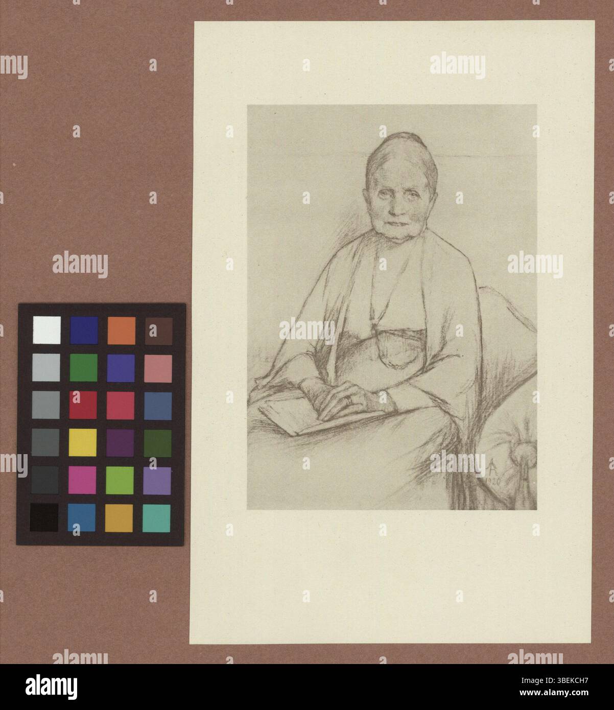 Diese um 1920 entstandene Schwarz-weiß-Reproduktion einer Zeichnung zeigt Caroline Mathilde Kündig-von Mechel. Sie repräsentiert den künstlerischen Stil des frühen 20. Jahrhunderts. Stockfoto