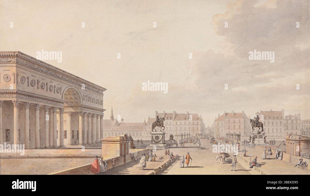 Dieses Projekt von Jacques-Pierre Gisors aus dem Jahr 1787 zeigt den Entwurf für den Place Louis XVI an der Spitze der Île de la Cité in Paris. Es wurde mit Stift, chinesischer Tinte und Aquarellen auf Papier hergestellt und befindet sich im Musée national des châteaux de Versailles et de Trianon in Versailles, Frankreich. Stockfoto