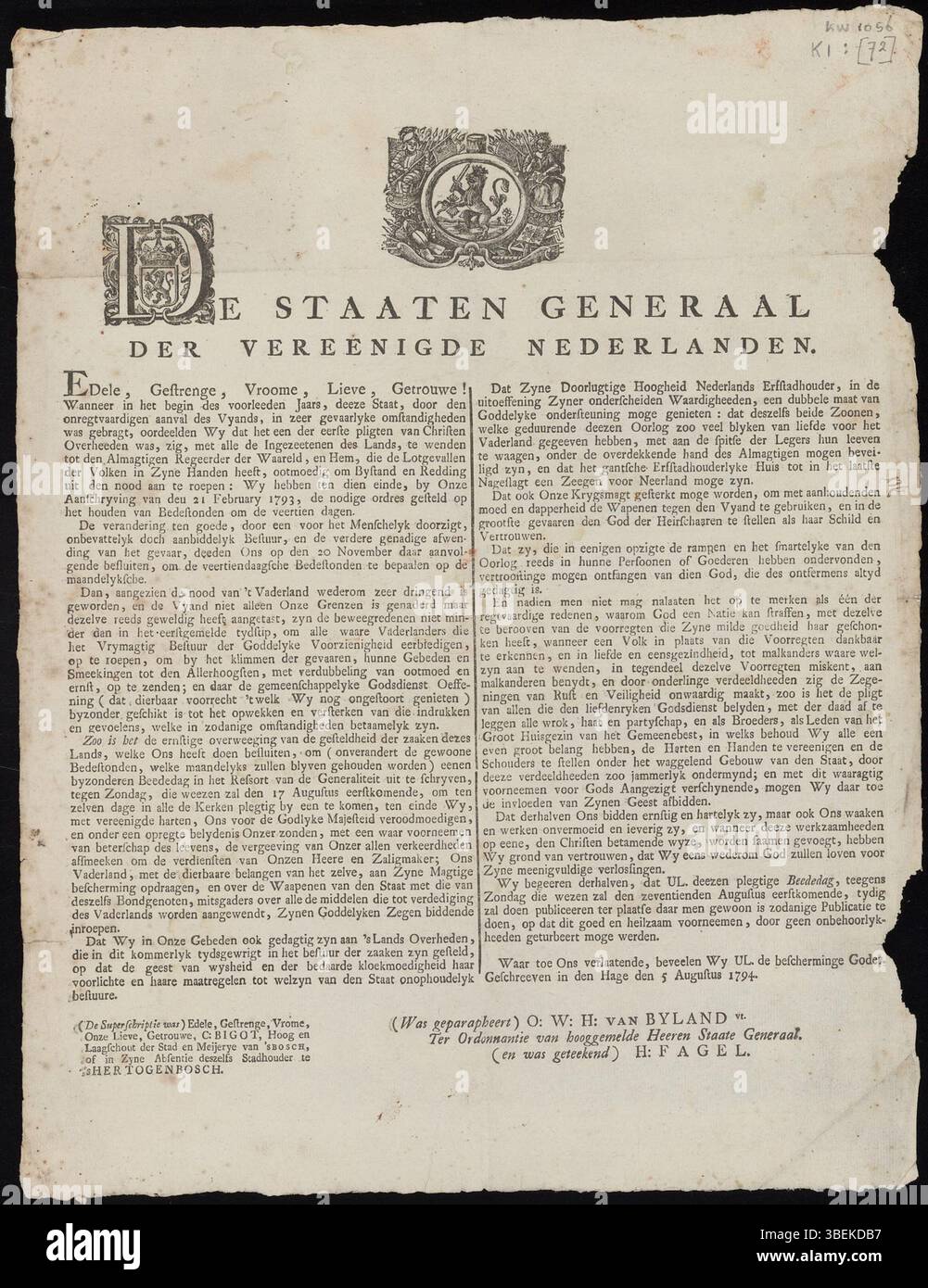 Dieses Dokument aus dem Jahr 1794 kündigt einen besonderen Gebetstag in den Niederlanden an, der am 5. August 1794 stattfand, um den vorrückenden französischen Truppen entgegenzuwirken. Sie wurde von den Generalstaaten der Vereinigten Niederlande herausgegeben. Stockfoto