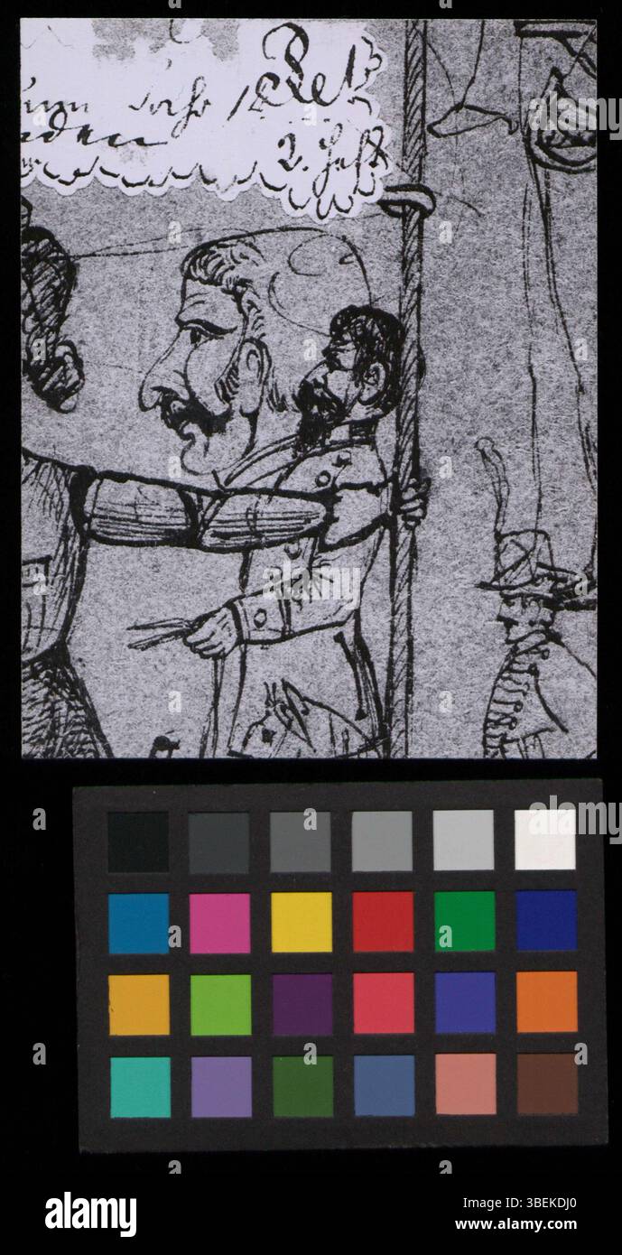 Diese Schwarzweiß-Fotografie aus der Zeit um 1882 ist eine Karikatur von Jakob Burckhardt, die auf spielerische Weise das Bild des Schweizer Historikers festgehalten hat. Das Bild ist eine Reproduktion einer Originalzeichnung. Stockfoto