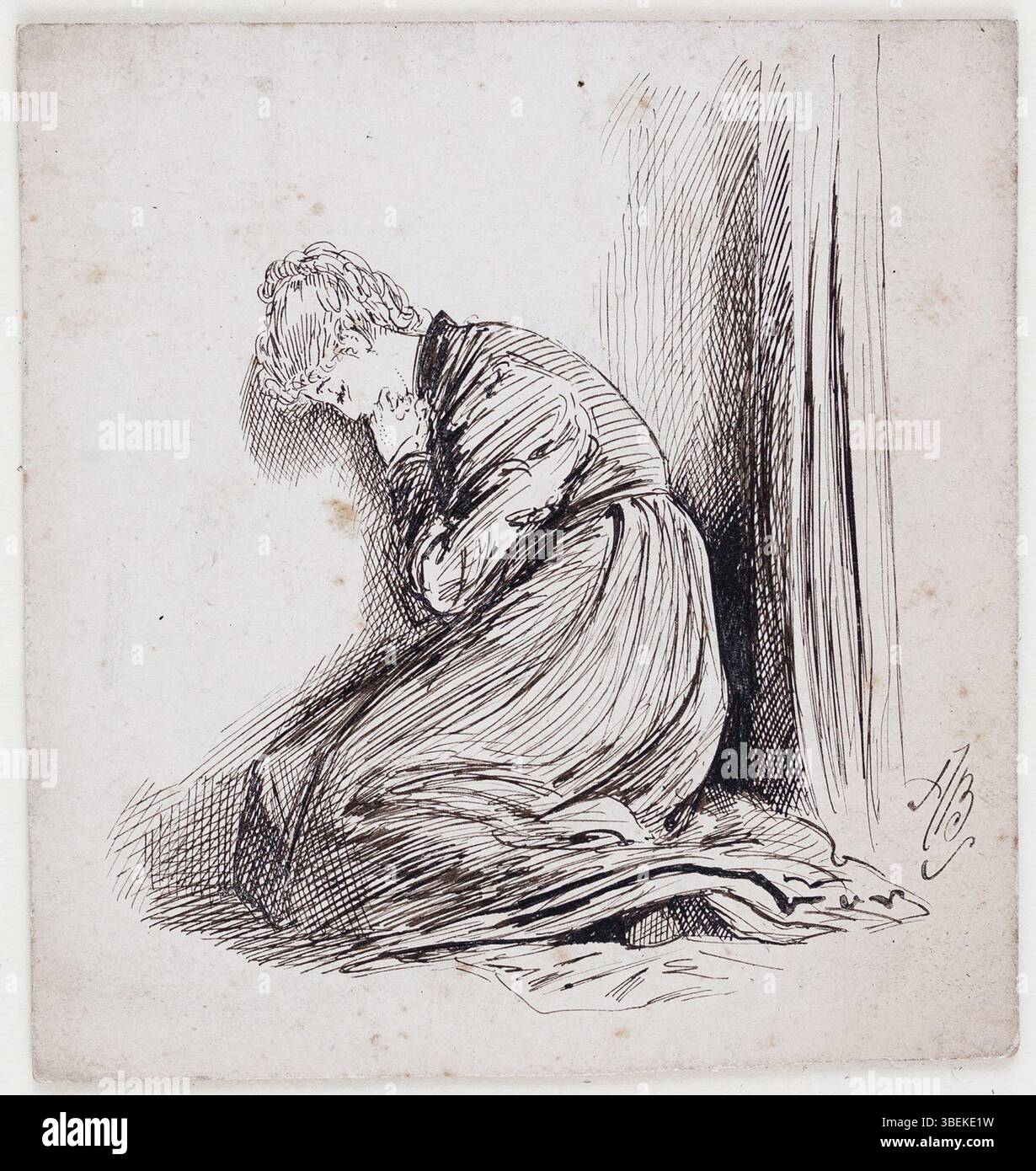 Diese anonyme Zeichnung mit Stift und Tinte, um 1880, mit dem Titel „Studie einer gefallenen Frau“, zeigt eine Frau in einer verletzlichen oder tragischen Position. Das Bildmaterial erfasst die emotionale Tiefe und Komplexität des Motivs und wird in feinen Stiftstrichen dargestellt. Stockfoto