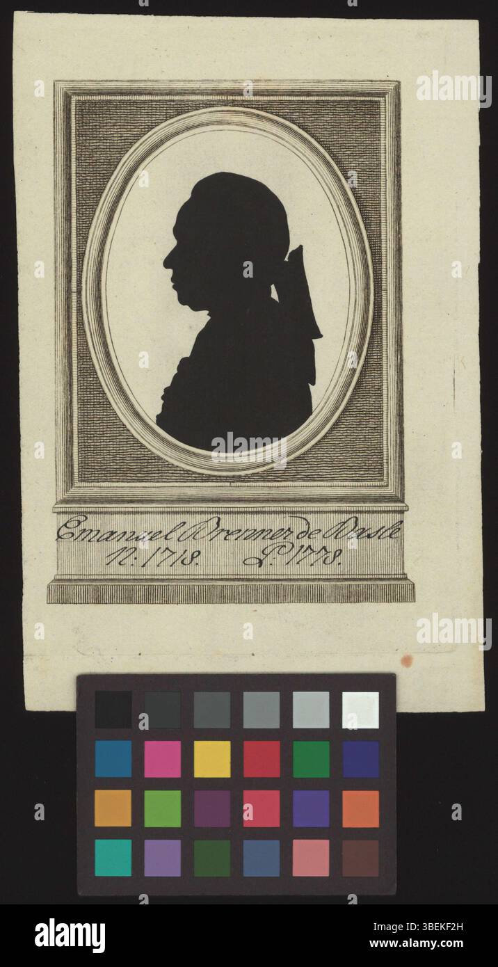 Dieses um 1778 entstandene Schattenporträt von Emmanuel Brenner de Bâle verwendet Kupferstich und Tinte. Das Stück veranschaulicht die Tradition der Profilsilhouetten aus dem 18. Jahrhundert und zeigt die künstlerische Verwendung von Schatten und Gravur. Stockfoto