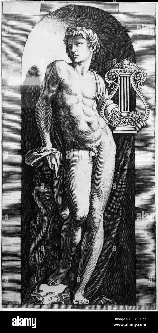 Marcantonio Raimondis Stich „Apollo“ (um 1512) zeigt den klassischen griechischen Sonnengott. Das Kunstwerk spiegelt den Einfluss der italienischen Renaissance auf die mythologische Kunst wider. Stockfoto