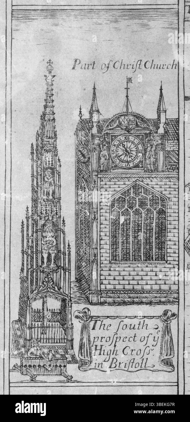 Eine Illustration von Bristol's High Cross aus dem Jahr 1673 mit Christ Church im Hintergrund und einem Mann, der in den Beständen sitzt, reproduziert unverändert in der Ausgabe von Millerds Karte aus dem Jahr 1728. Stockfoto