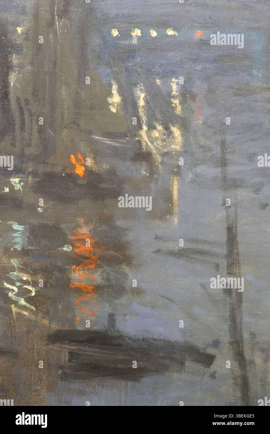 Ein Auszug aus Claude Monets „der Hafen von Le Havre am Abend“ zeigt das dynamische Zusammenspiel von Licht und Wasser am Hafen. Das Gemälde ist in der Sammlung Hasso Plattner im Museum Barberini untergebracht. Stockfoto