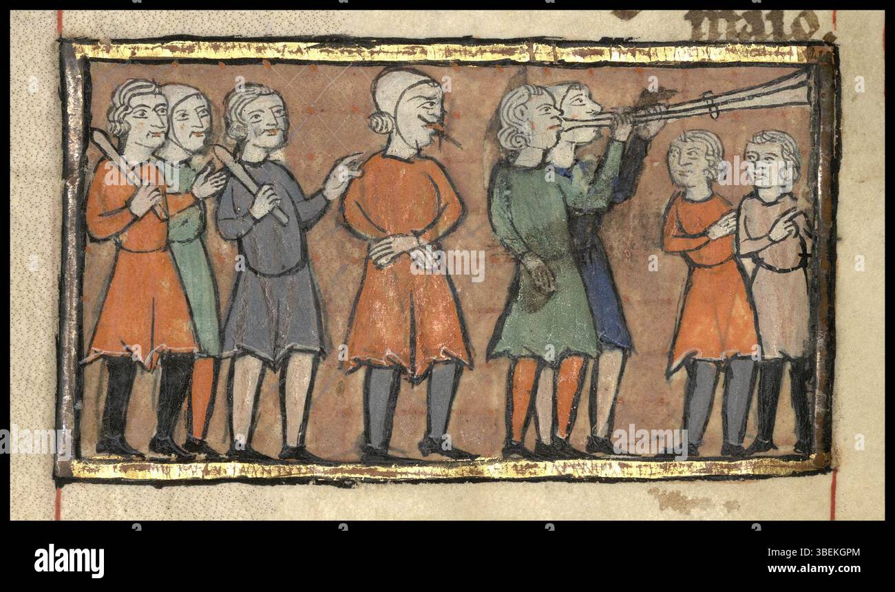 Diese Beleuchtung aus dem *Livre des coutumes de la ville d'Agen* zeigt einen Mann, der wegen Meineids bestraft wurde. Seine Zunge ist mit einem Spieß durchbohrt, als Symbol seines Verbrechens, und er wird durch die Straßen von Agen geführt. Das Bild stammt aus dem 13. Jahrhundert und ist im Archives Départementales de Lot-et-Garonne erhalten. Stockfoto