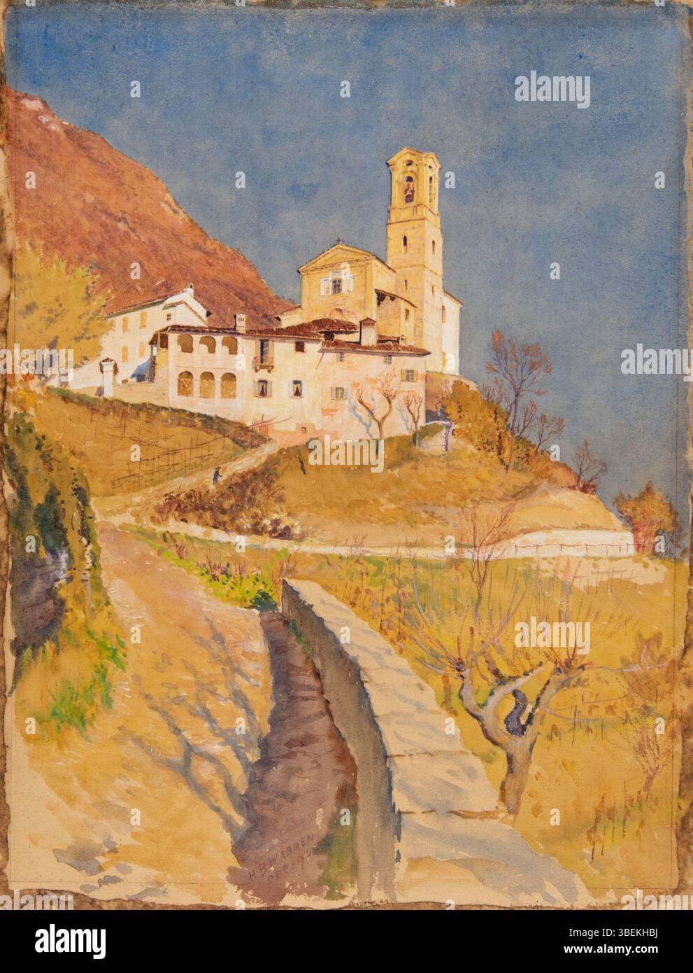 Eine italienische Landschaft mit einem Kloster, das Harold Broadfield Warren 1934 gemalt hatte. Dieses Aquarell fängt die Architektur und die natürliche Umgebung des Hügels ein. Das Hotel befindet sich im Kunstmuseum Eskenazi Stockfoto