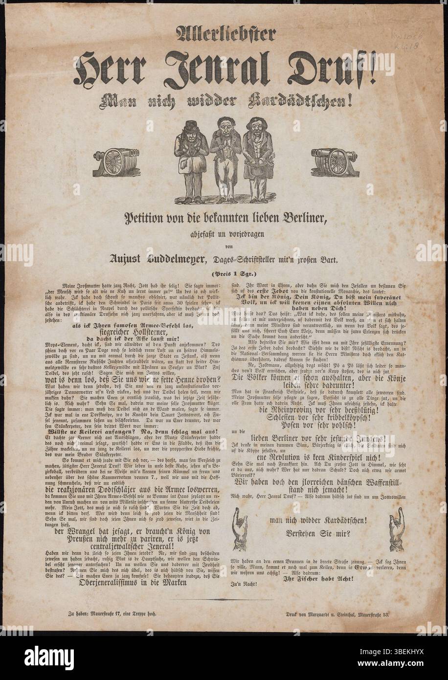 Dieser Druck aus dem 19. Jahrhundert richtet sich humorvoll an einen Militärgeneral mit einem spielerischen Text in deutscher Sprache. Produziert von Marquardt u. Steinthal, zeigt er eine Satire, die das militärische Leben oder die militärischen Ordnungen auf unbeschwerte Weise kommentiert. Stockfoto