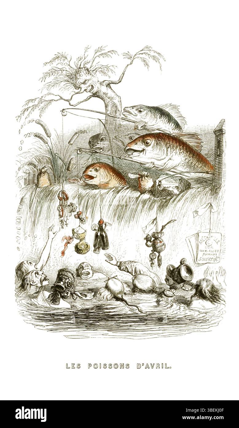 Die *Poissons*-Serie von Grandville ist eine Sammlung von Illustrationen, die anthropomorphisierte Fische in humorvollen und satirischen Umgebungen zeigen. Grandville war bekannt für seine detailreichen und witzigen Illustrationen. Stockfoto