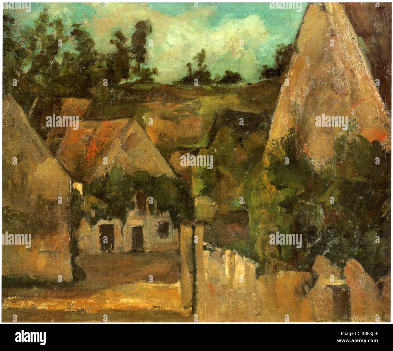 In „Kreuzung der Rue Remy in Auvers-sur-Oise“ fängt Cézanne eine Straßenszene aus dem Dorf Auvers-sur-Oise ein, das für seine Rolle in der impressionistischen Kunst bekannt ist. Das Stück betont Cézannes perspektivischen Ansatz und seine Verwendung von Farben zur Darstellung der urbanen Umgebung. Stockfoto