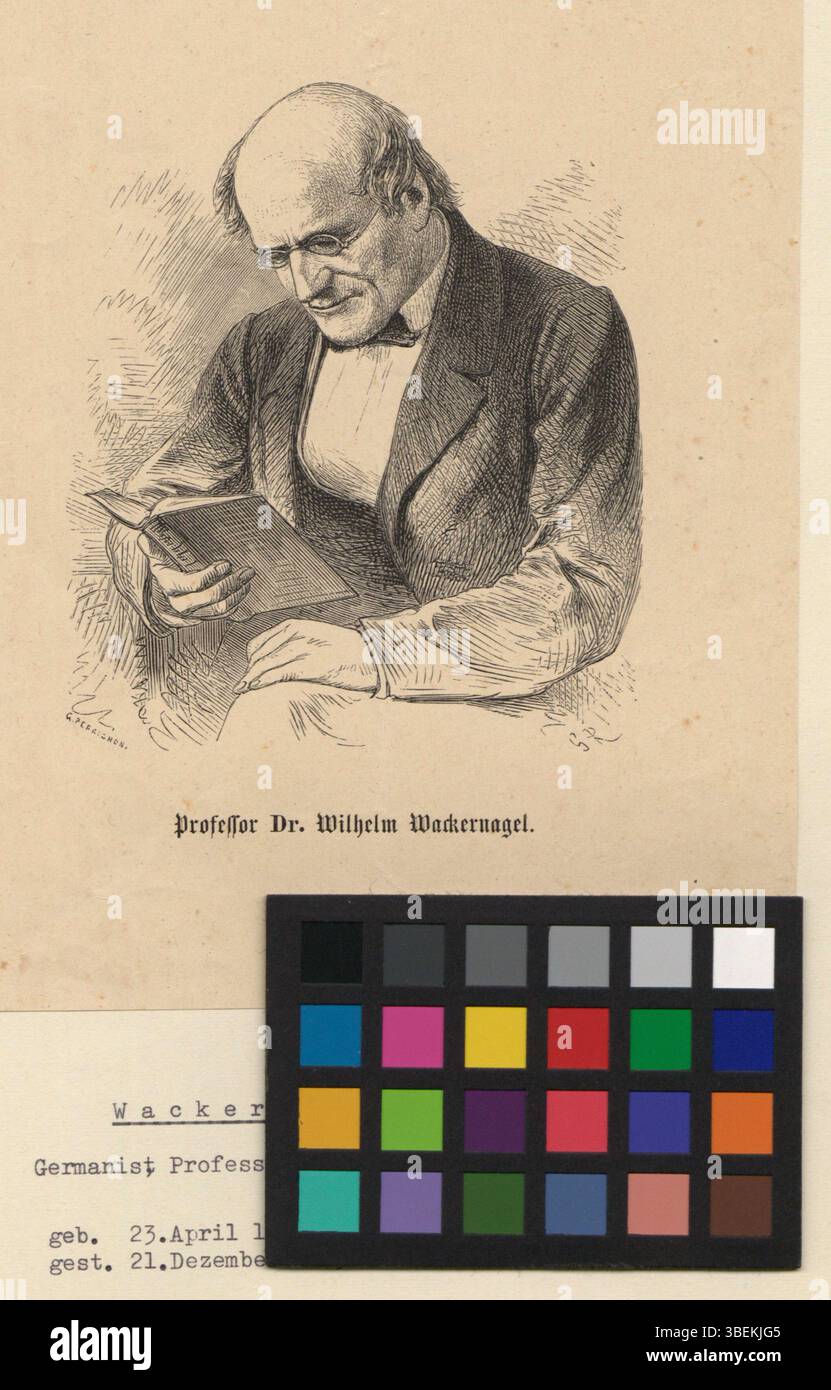 Diese zwischen 1849 und 1869 entstandene Schwarzweißzeichnung ist ein Porträt von Wilhelm Wackernagel. Es fängt das Bild des Themas in einem traditionellen Stil des 19. Jahrhunderts ein. Stockfoto