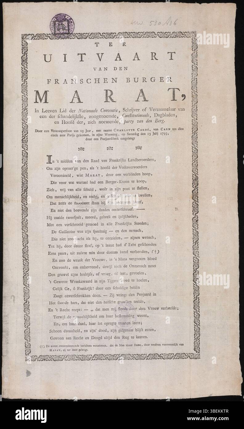 Dieser Gravur von 1793 erinnert an die Beerdigung des französischen Revolutionärs Jean-Paul Marat, der am 13. Juli 1793 ermordet wurde. Das Bild spiegelt die turbulente Periode der Französischen Revolution und die gewalttätigen Ereignisse um Marats Tod wider. Stockfoto