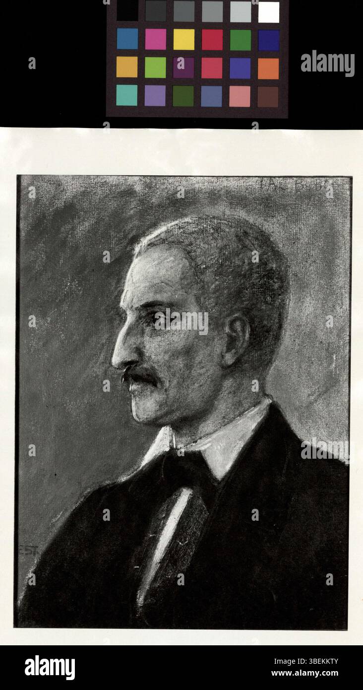 Diese Schwarzweiß-Fotografie aus den Jahren 1850 bis 1870 nimmt ein Porträt von Jacob Burckhardt auf der Grundlage einer Ölstudie auf und gibt einen Einblick in den Stil der Porträtfotografie Mitte des 19. Jahrhunderts. Stockfoto