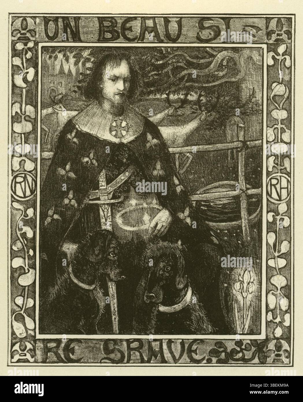 Dieses 1893 entstandene Porträt mit dem Titel „Ein maltesischer Ritter“ von Richard N. Roland Holst zeigt eine würdevolle Figur in Ritterrüstung. Das Kunstwerk spiegelt den künstlerischen Stil des späten 19. Jahrhunderts wider, wobei der Schwerpunkt auf edler Darstellung und historischer Genauigkeit liegt. Stockfoto