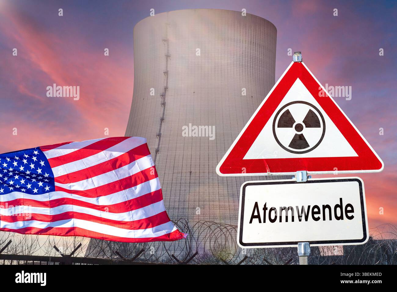 Bayern, Deutschland - 29. Mai 2025: FOTOMONTAGE, Ein Kühlturm, Ein Warnschild mit Strahlungssymbol und eine schwenkende US-Flagge verweisen auf den energiepolitischen Kontrast: Atomausstieg versus US-Atomkonflikt. *** FOTOMONTAGE, ein Kühlturm, ein Warnschild mit Strahlensymbol und eine wehende US-Flagge verweist auf den energiepolitischen Gegensatz: Deutschlands Atomausstieg versus Amerikas Festhalten an Kernenergie. Stockfoto