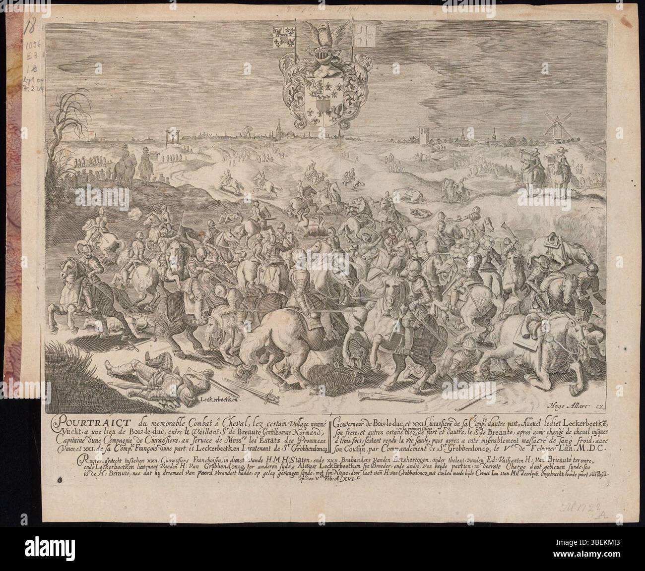 Diese Abbildung zeigt eine denkwürdige Kavallerie-Schlacht in der Nähe des Dorfes Vucht am 5. Februar 1600 zwischen 22 französischen Kürassieren im Dienst der niederländischen Staaten und 22 Brabandern unter der Führung von Ed Vailianten und Leckerbeetken. Die Schlacht ist Teil der historischen Serie von Niederländisch-französischen Konflikten. Stockfoto