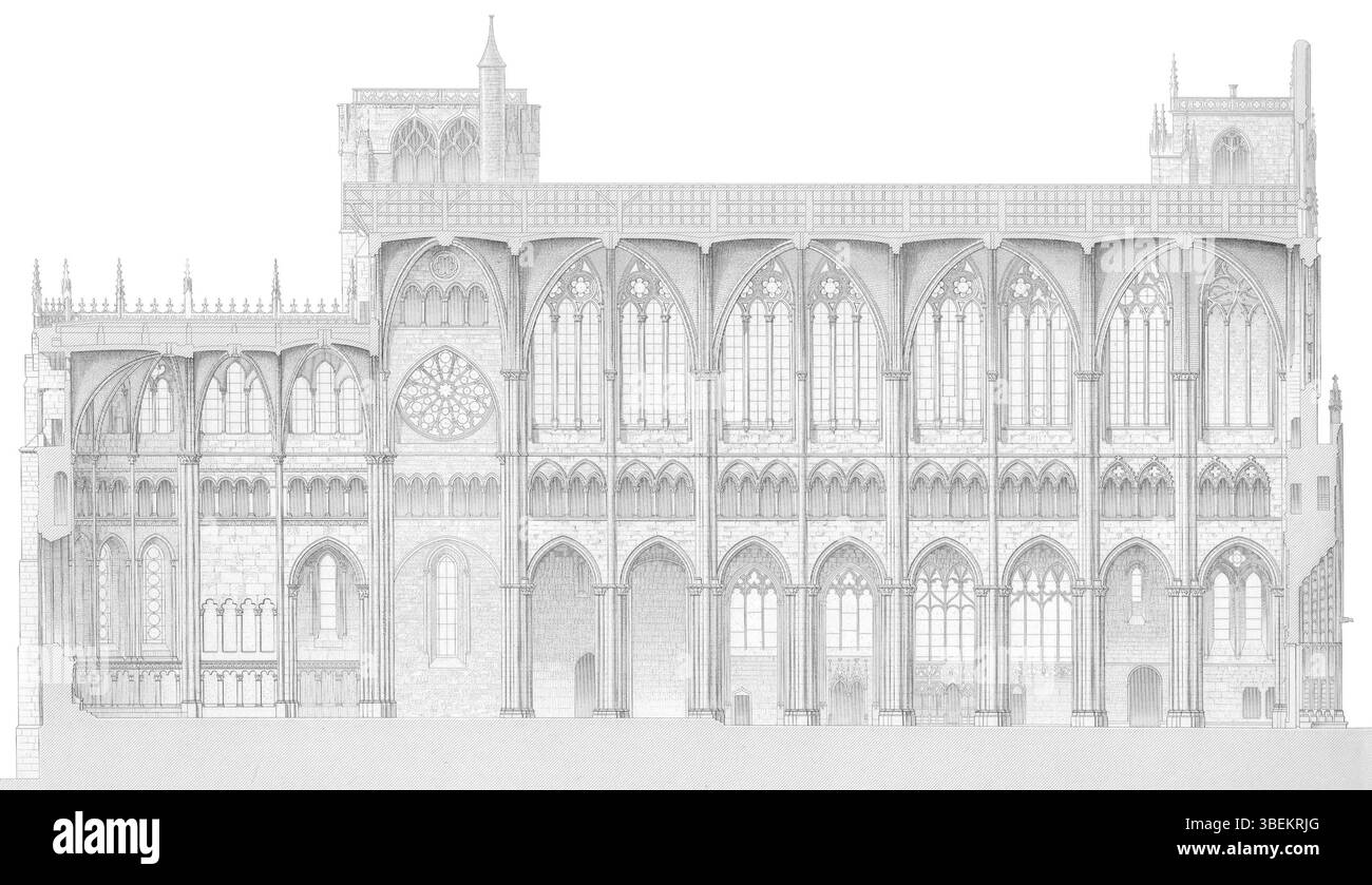 Diese Zeichnung von Tony Desjardins zeigt die primatiale Kathedrale Saint-Jean in Lyon. Die detaillierte Darstellung zeigt die Pracht dieser gotischen Architektur aus dem Jahr 1880. Stockfoto