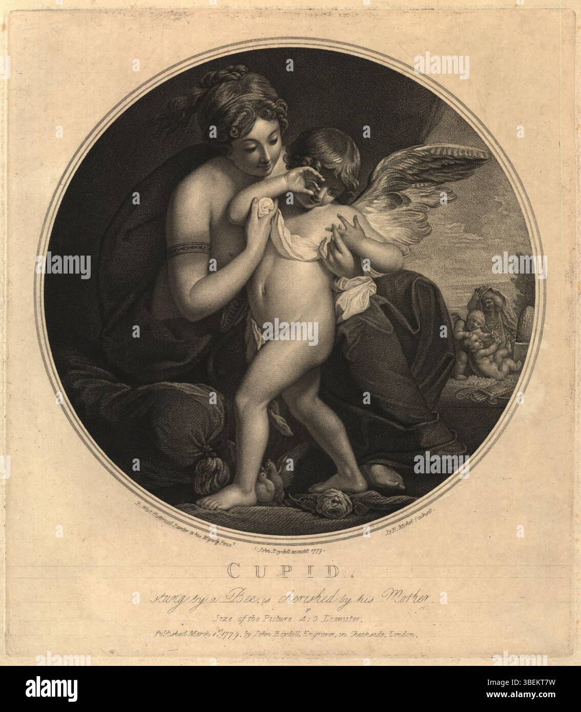 Dieser Druck nach Benjamin West zeigt Cupid, der in einem Kreis steht und seine Tränen abwischt, während er eine Biene auf einer Rose beobachtet. Venus sitzt hinter ihm und bietet Trost, während drei Putten rechts einen Bienenstock stören, umgeben von einer Bienenwolke. Das Kunstwerk wurde von Jean Baptiste Michel geschaffen und 1779 von John Boydell veröffentlicht. Stockfoto