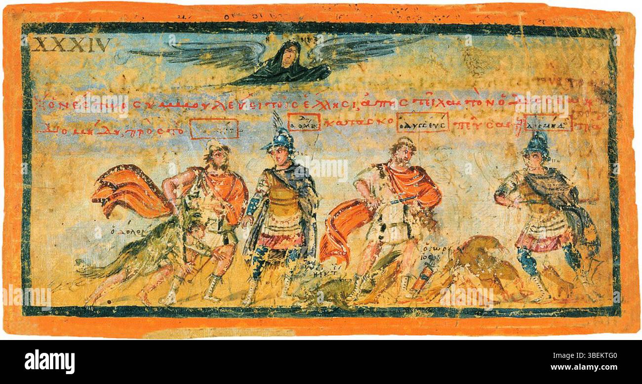 Dieses Faksimile aus dem 5. Jahrhundert n. Chr. der ambrosischen Ilias bietet eine detaillierte Reproduktion des klassischen griechischen Textes. Es spiegelt die Methoden wider, die bei der Bewahrung alter Texte für zukünftige Generationen verwendet werden, wobei der Schwerpunkt auf dem historischen und literarischen Wert der Ilias liegt. Stockfoto