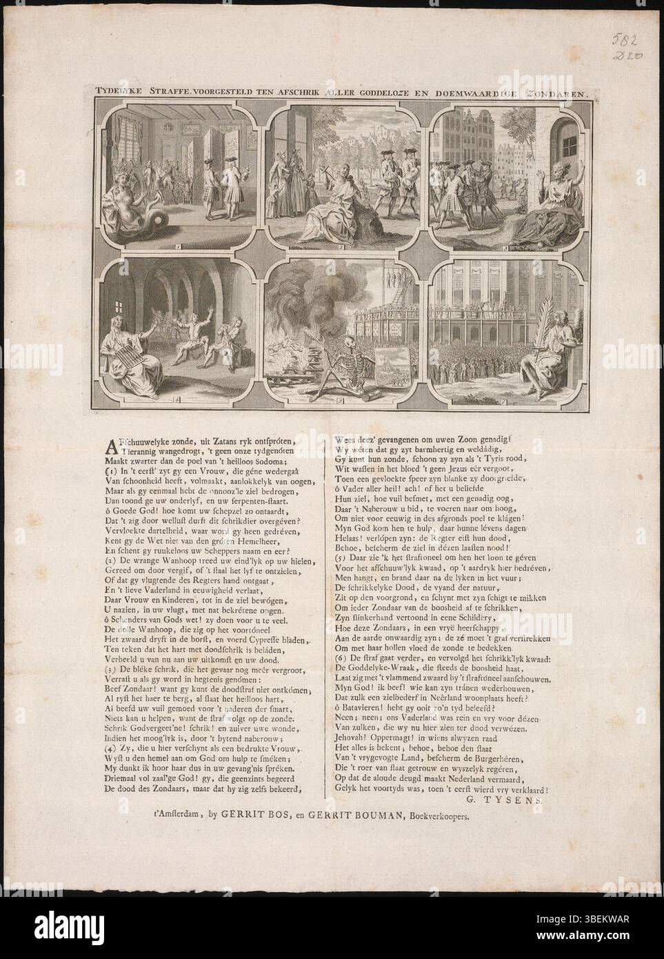 Ein 1730 erschienener Druck von Gysbert Tysens, der eine göttliche Strafe illustriert, die sündige Personen warnen soll. Dieses Kunstwerk enthält ein Gedicht von Tysens und wurde in Amsterdam von Gerrit Bos und Gerrit Bouman veröffentlicht. Stockfoto