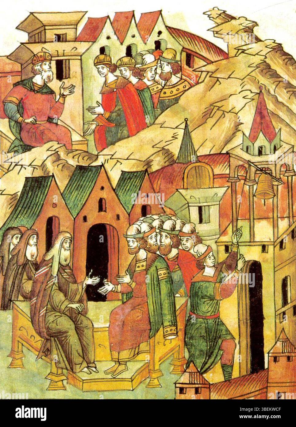 Beleuchtetes Folio aus der Gesichtschronik, einer mehrbändigen illustrierten russischen Chronik von 1568–1576, die für den Zaren Iwan IV. Produziert wurde und handgeschriebene Annalen mit Farbminiaturen kombiniert, die Ereignisse der muskovitischen Geschichte erzählen. Stockfoto