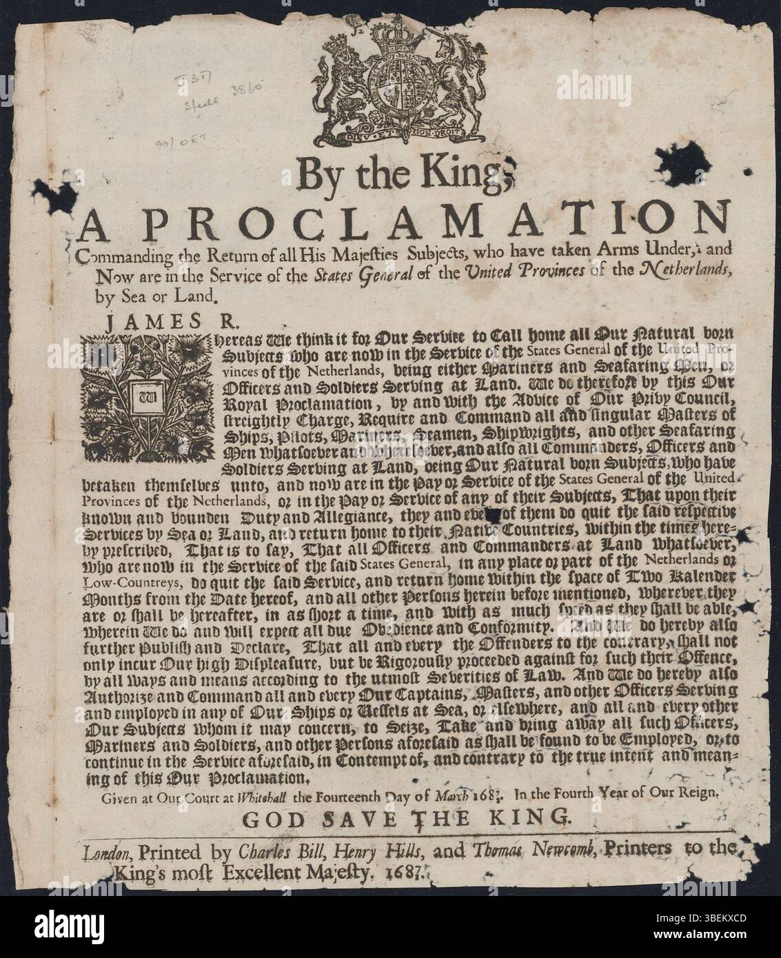 Diese Proklamation, die 1688 veröffentlicht wurde, befahl allen Untertanen, die im Dienste des Generalstaates der Vereinigten Provinzen Waffen ergriffen hatten, in den Dienst ihres Königs zurückzukehren. Sie zeigt die Spannungen zwischen England und der niederländischen Republik in dieser Zeit auf. Stockfoto