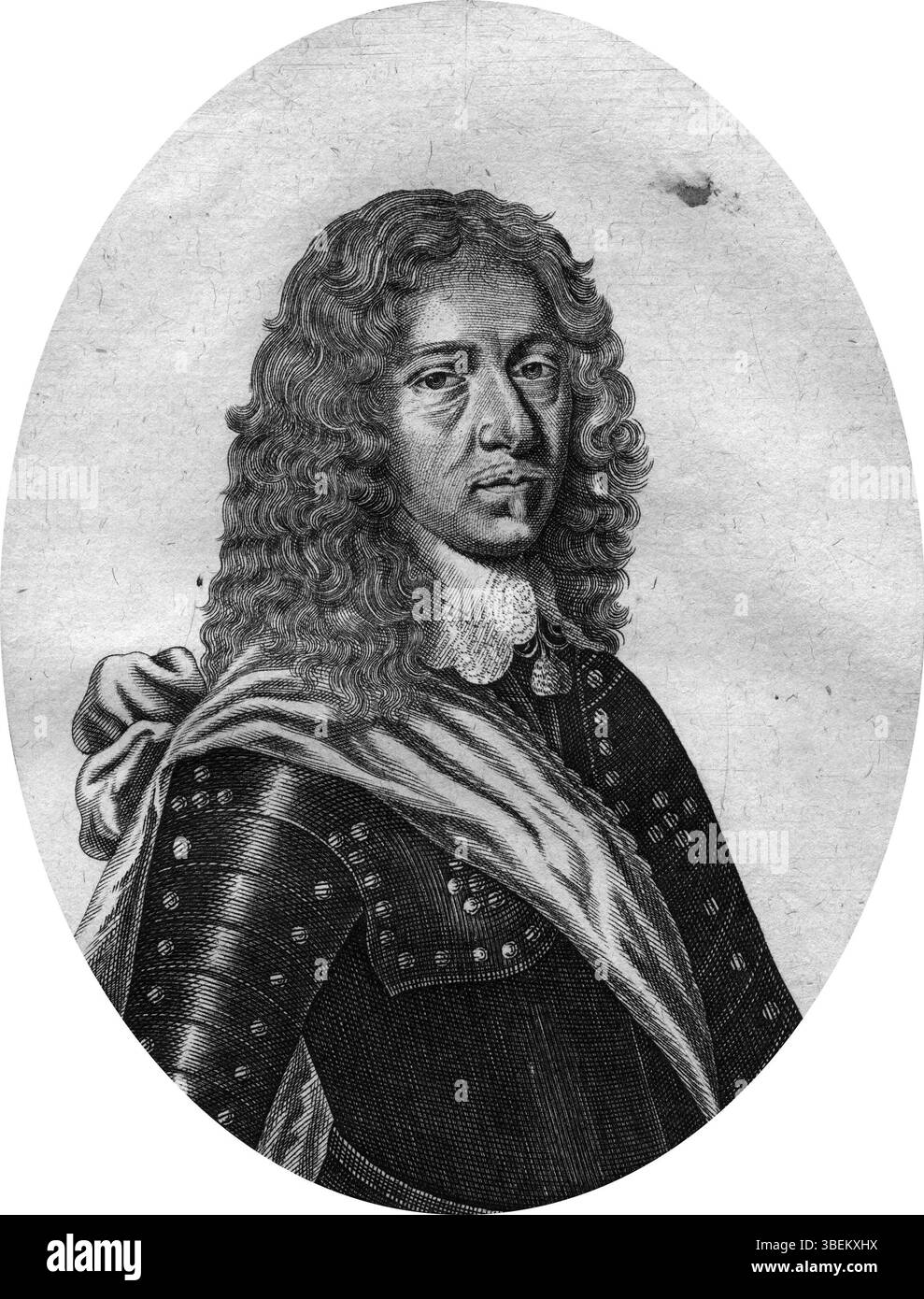 Dieses Porträt von Pierre Aubry zeigt Louis de Vendôme, einen französischen Militärführer. Dieser Gravur, der für seine Rolle in der französischen Armee bekannt ist, fängt sein Aussehen mit feinen Details ein, charakteristisch für Aubrys Werk. Stockfoto