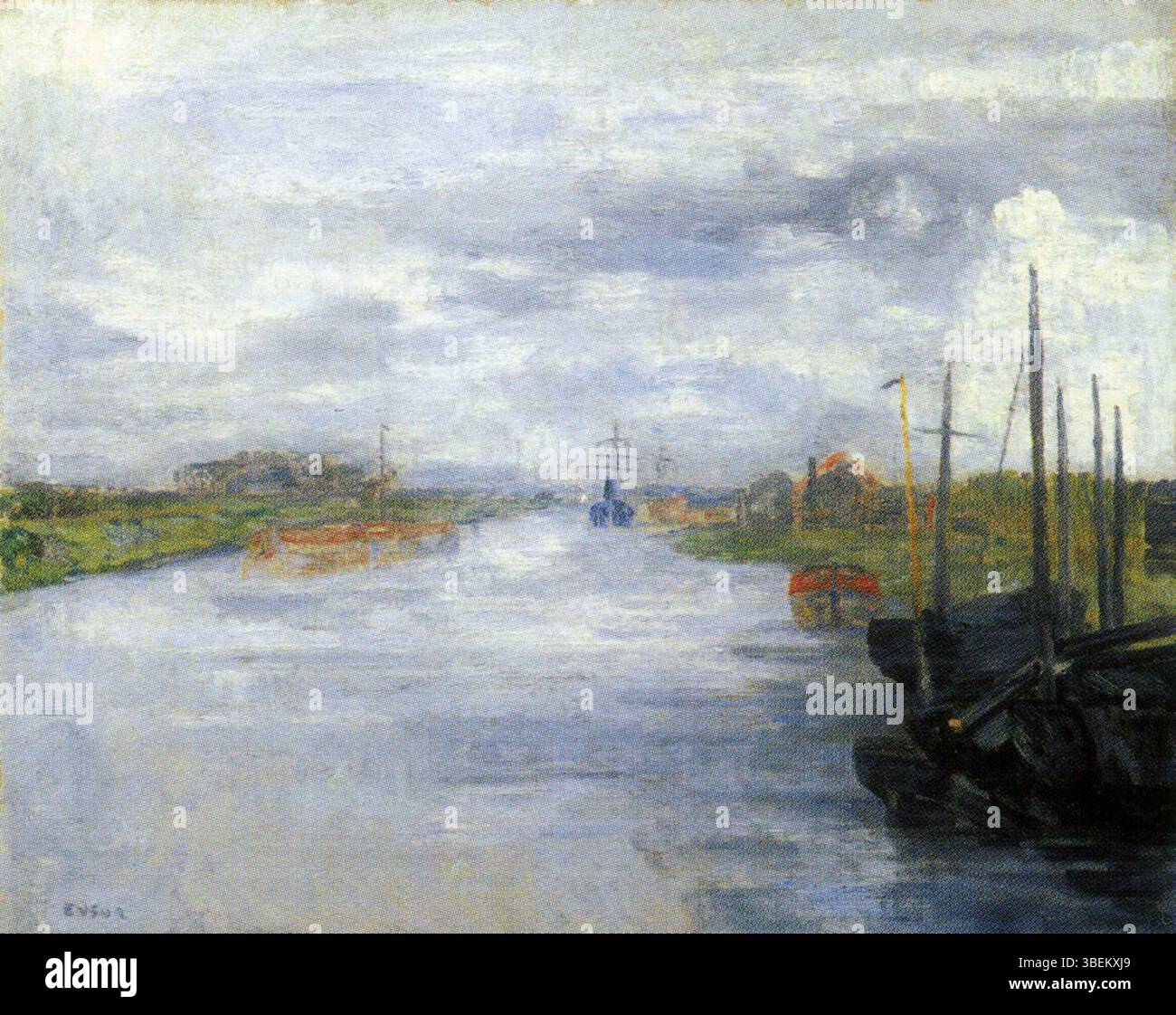 *The Canal* von James Ensor, gemalt um 1910, zeigt eine detaillierte Darstellung der belgischen Landschaft mit Ensors unverwechselbarem Stil. Die Arbeit fängt die Atmosphäre der Umgebung des Kanals ein und nutzt Farben und Licht, um Tiefe und Stimmung zu erzeugen. Stockfoto