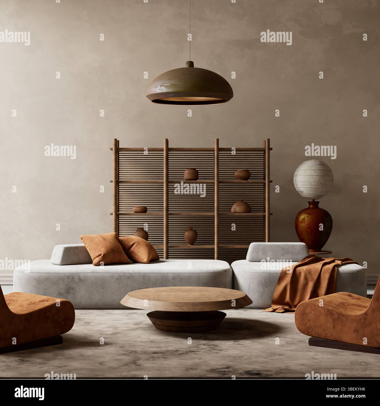 Ein beruhigender, minimalistischer Wohnbereich mit natürlichen Texturen, sanfter Beleuchtung und Erdtönen für eine warme und moderne Ästhetik. 3D-Abbildung Stockfoto