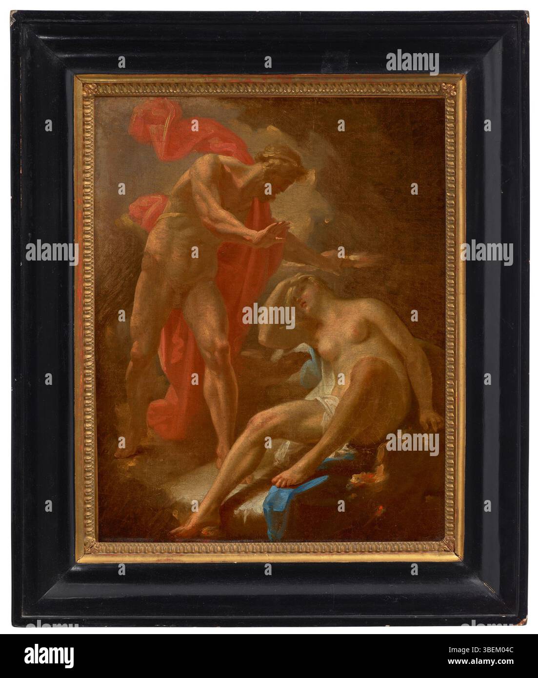 Joseph Redls „Jupiter und Semele“ zeigt die mythologische Geschichte des griechischen Gottes Jupiter und seiner Geliebten Semele. Das Gemälde zeigt den dramatischen Moment von Semeles Tod, als Jupiter seine göttliche Form offenbart. Dieses Stück ist ein klassisches Beispiel mythologischer Kunst. Stockfoto