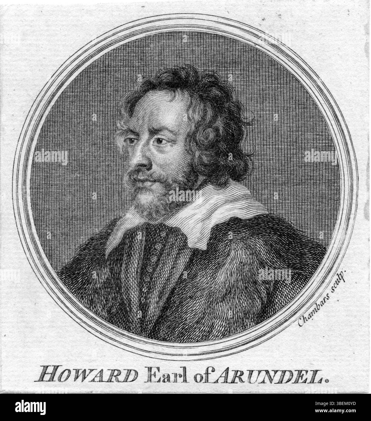 Dieser Stich zeigt Thomas Howard von Arundel, geschaffen von Thomas Chambars. Howard, ein englischer Aristokrat, wird in einem detailreichen Porträt festgehalten. Chambars, bekannt für seine Porträts des englischen Adels, veranschaulicht Howard mit bemerkenswerter Liebe zum Detail. Stockfoto