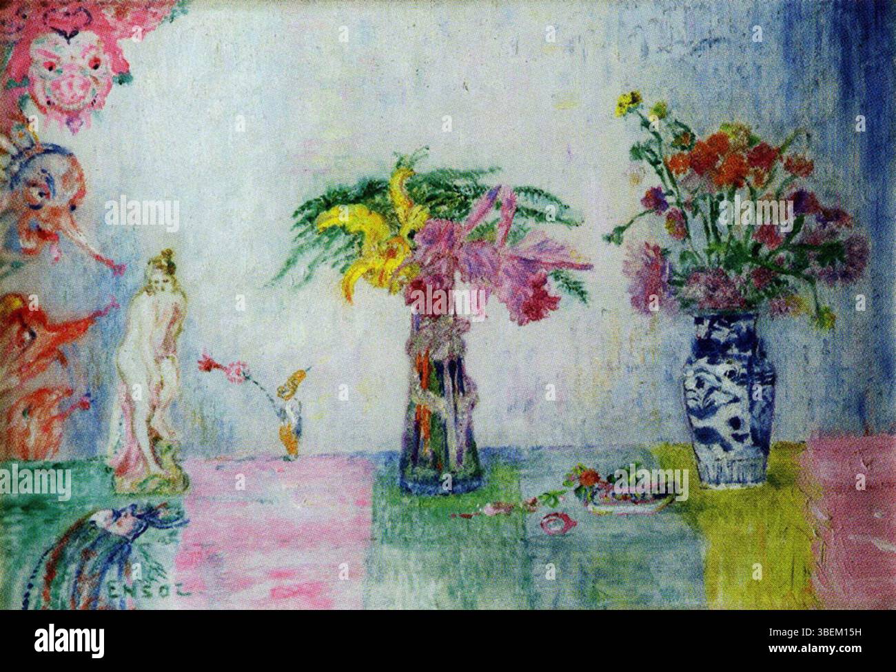 „The Language of Flowers“ (1923) von James Ensor veranschaulicht die symbolische Bedeutung von Blumen, ein Thema, das in der europäischen Kunst oft erforscht wird. Das Gemälde verwendet lebendige Farbkontraste, um die emotionale Resonanz der floralen Arrangements auszudrücken und spiegelt Ensors Erforschung des Symbolismus und der Farbtheorie wider. Stockfoto