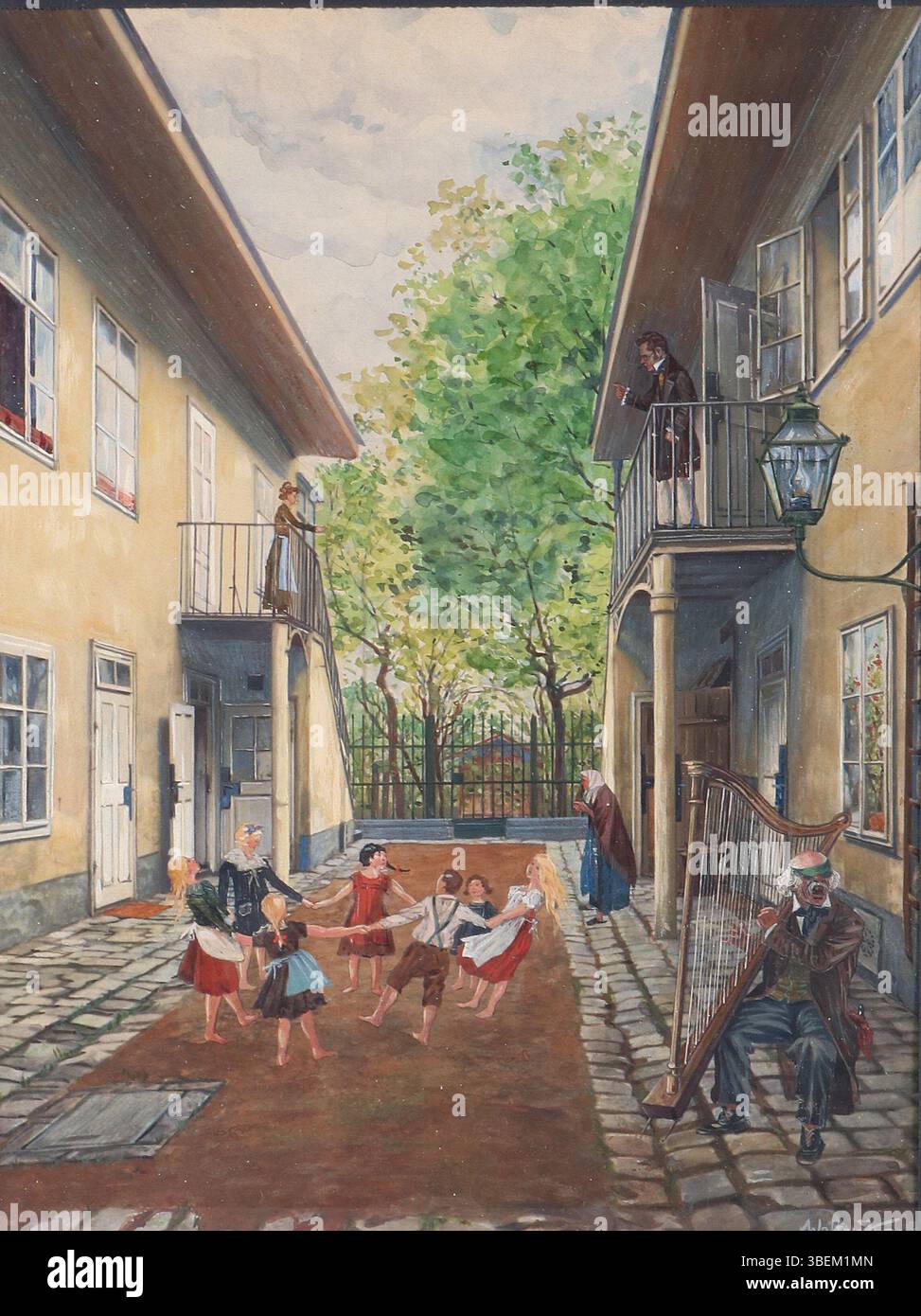 Dieses Aquarell von Walter Kopsa aus dem Jahr 1916 zeigt eine Szene außerhalb von Schuberts Geburtshaus in Wien. Es umfasst spielerische Kinder, eine Harfenistin und Schubert selbst auf dem Balkon. Das Gemälde fängt einen lebendigen, kulturellen Moment in der Wiener Geschichte ein. Stockfoto