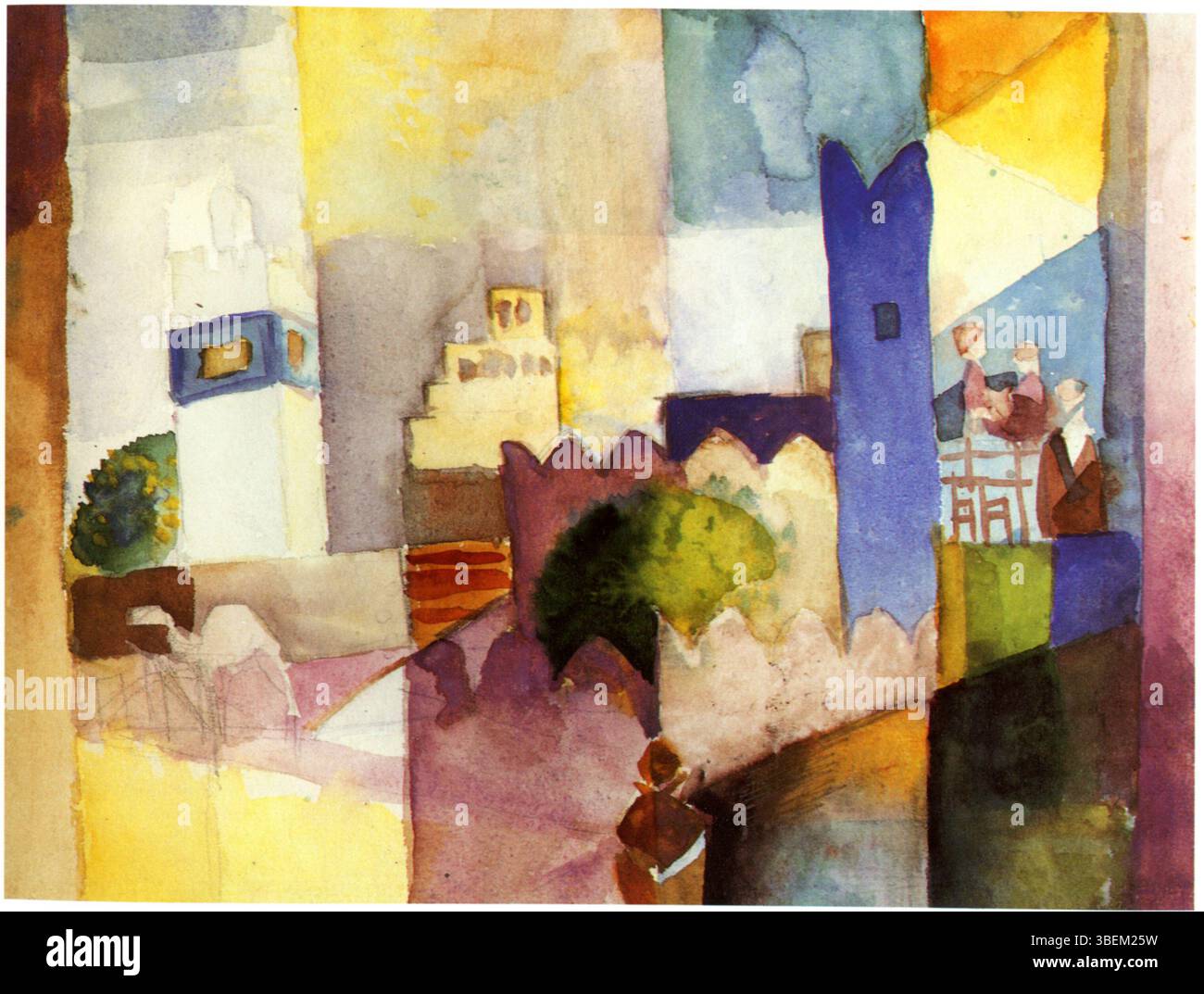 *Kairuan III* (von August Macke) ist ein Kunstwerk, das Mackes Interesse an lebendigen Farben und abstrakten Formen widerspiegelt, wahrscheinlich inspiriert von seinen Reisen. Das Gemälde veranschaulicht seinen Stil während seiner Karriere Anfang des 20. Jahrhunderts, wobei er sich auf geometrische Formen und Farbkontraste konzentriert. Stockfoto