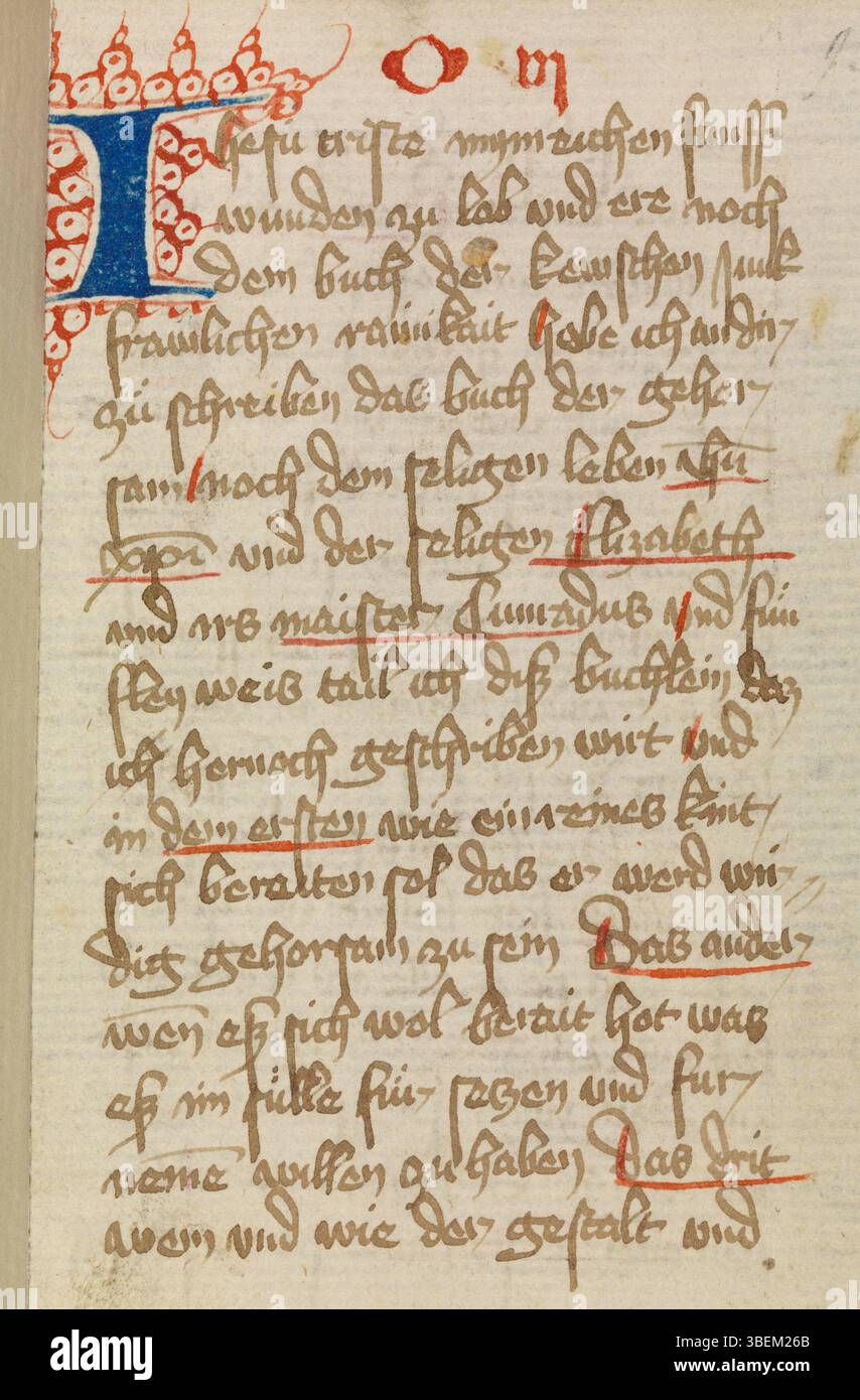 Erste Seite der Handschrift „Buch des Gehorsams“ von 1430, ausgestellt in der Staatsbibliothek Bamberg unter Katalognummer MSC.lit.191. Stockfoto