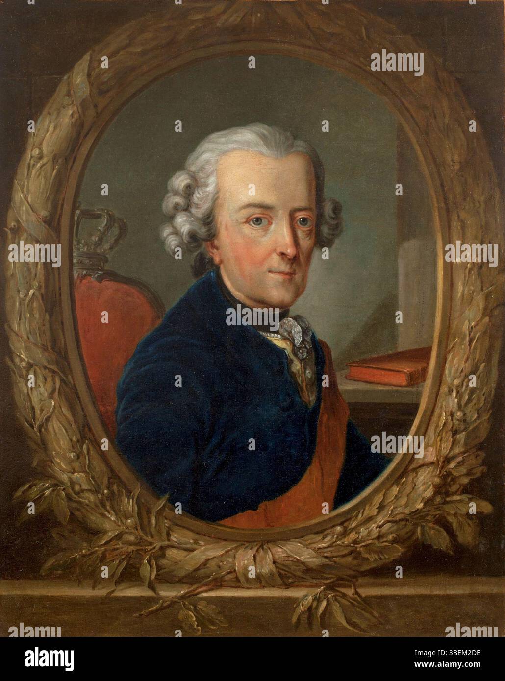 Dieses Porträt Friedrichs II. Aus dem 18. Jahrhundert, bekannt als Friedrich der große, hebt die militärischen und intellektuellen Beiträge des preußischen Königs hervor. Das Kunstwerk betont seine Führungsrolle und historische Bedeutung. Stockfoto