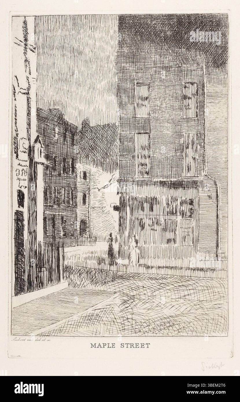 Eine Radierung von Walter Richard Sickert mit dem Titel Maple Street, die um 1923 entstanden ist. Das Kunstwerk war Teil einer Ausstellung aus dem Jahr 1983 und ist mit Bleistift signiert. Es wurde in einer Auflage von etwa 100 Exemplaren veröffentlicht. Stockfoto