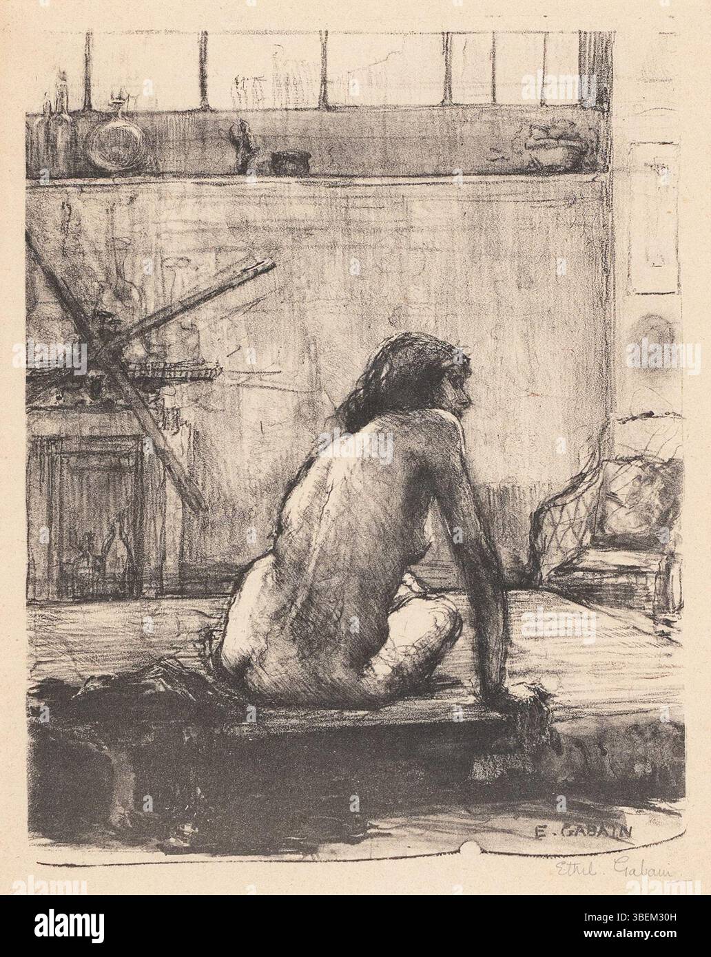 The Printing Press ist eine Lithografie von Ethel Gabain aus dem Jahr 1911, Teil einer Auflage von 12. Signiert und Teil des Künstlergutes, misst es 10,25 x 8 Zoll. Die Arbeit greift das Thema des industriellen Fortschritts auf. Stockfoto