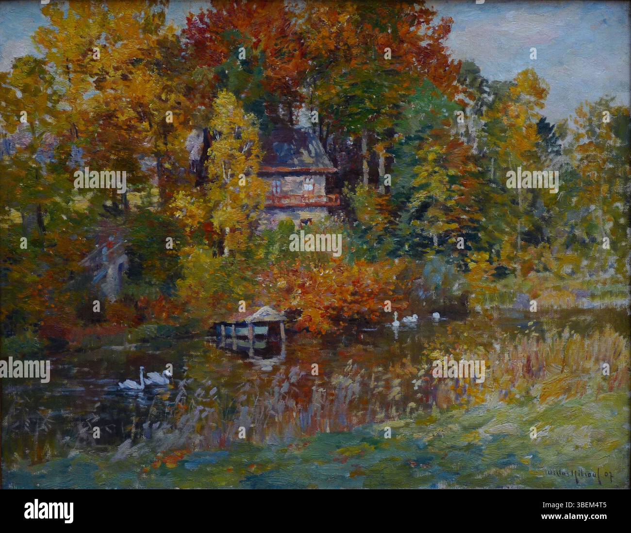 Eine abgeschnittene Version von Victor GilSouls „Automne“, die ein fokussierteres Detail der Herbstlandschaft zeigt. Die Arbeit hebt die Verwendung von Farbe und Licht hervor, um die Stimmung der Saison einzufangen. Stockfoto