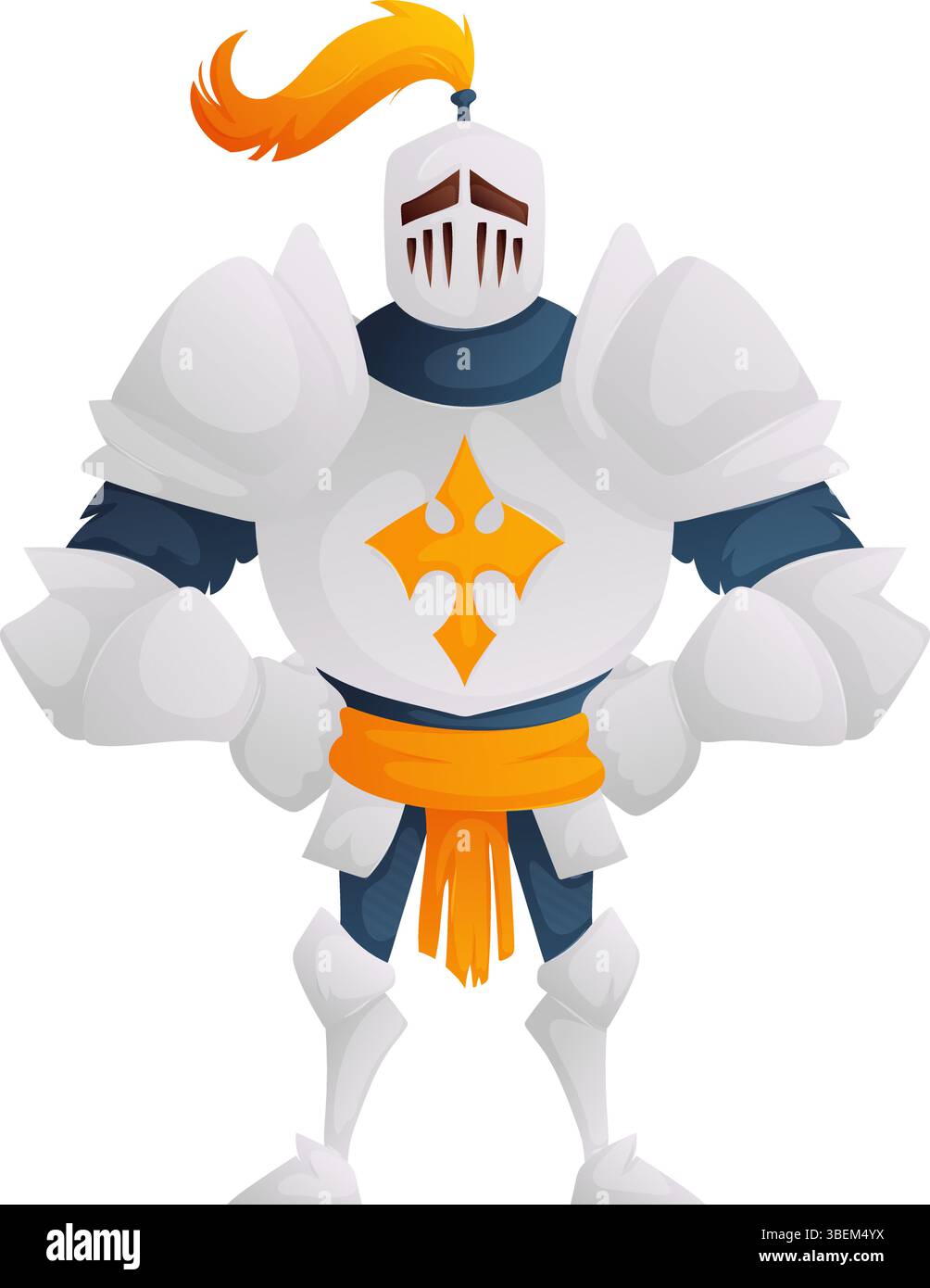 Illustration eines Ritters in strahlender weißer Rüstung, komplett mit einem orangen Wappen auf seinem Helm und einem orangen Gürtel um seine Taille isoliert Stock Vektor
