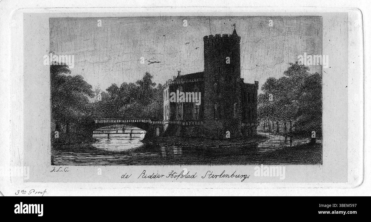 Eine detaillierte Abbildung der Sterkenburg, geschaffen von Jacobus Lodovicus Cornet. Diese Darstellung fängt die architektonischen Merkmale und die Pracht der mittelalterlichen niederländischen Burg ein und zeigt ihre historische Bedeutung. Stockfoto