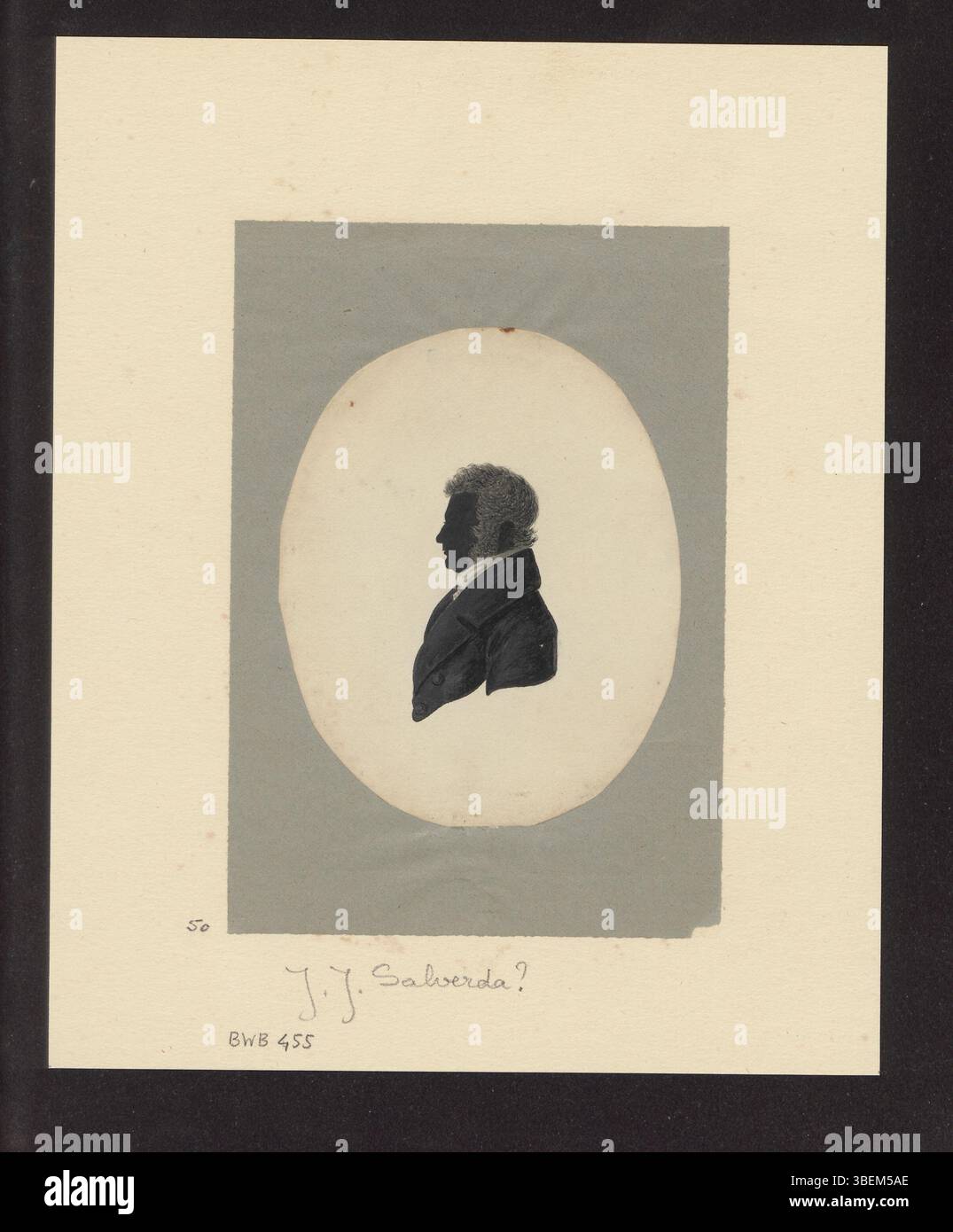 Dieses Silhouettenporträt, möglicherweise von J.J. Salverda, ist links. Es handelt sich um einen ovalen Ausschnitt auf grauem Papier und Karton mit den Manuskriptmarken „BWB 455“ und „50“. Datum und Künstler sind nicht identifiziert. Stockfoto