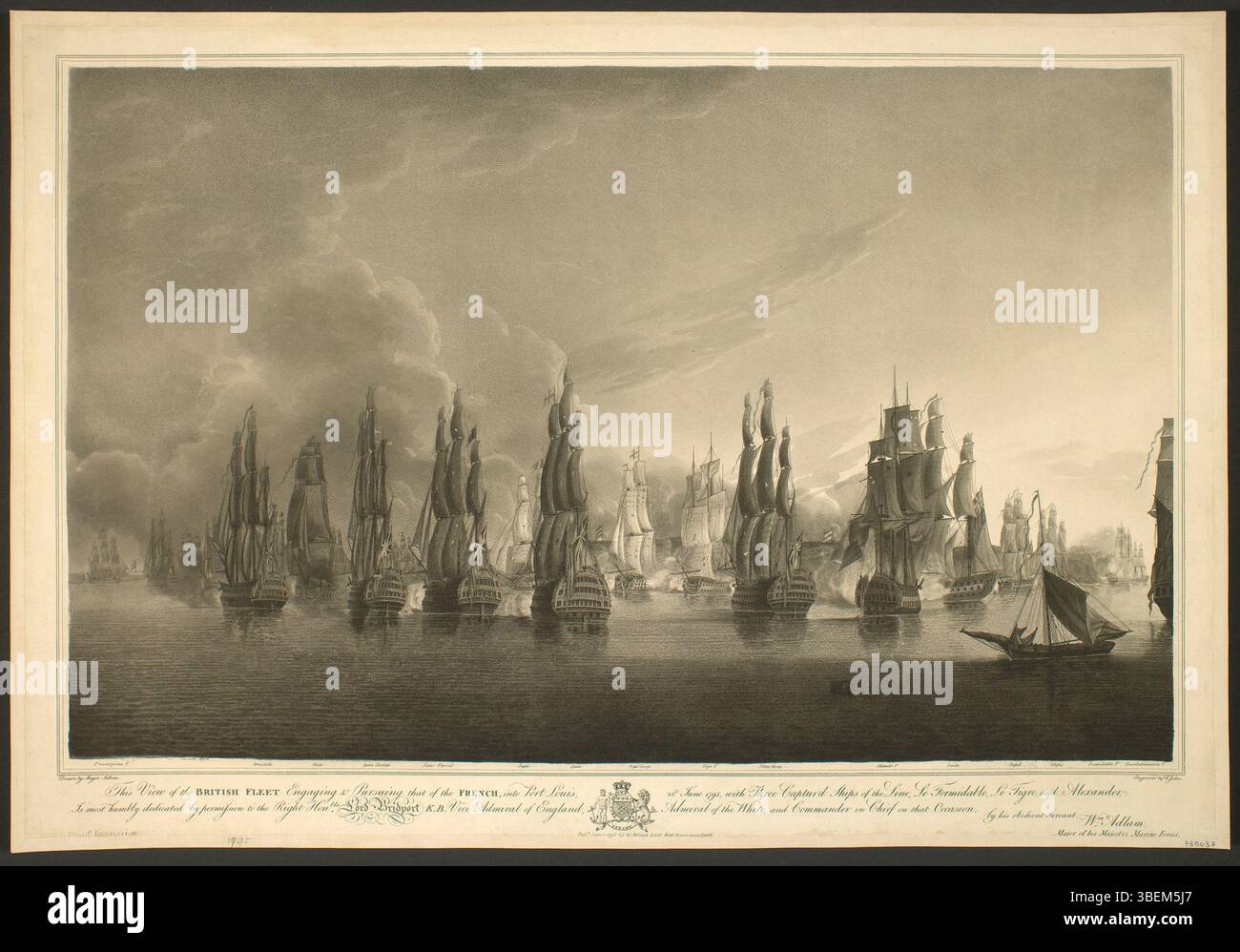 Dieser historische Stich, der 1796 von William Adlam erstellt wurde, veranschaulicht die britische Flotte, die am 23. Juni 1795 die französische Flotte in Port Louis einschlug und verfolgte. Die Szene umfasst die Eroberung von drei französischen Schiffen: Le Formidable, Le Tigre und Alexander. Stockfoto