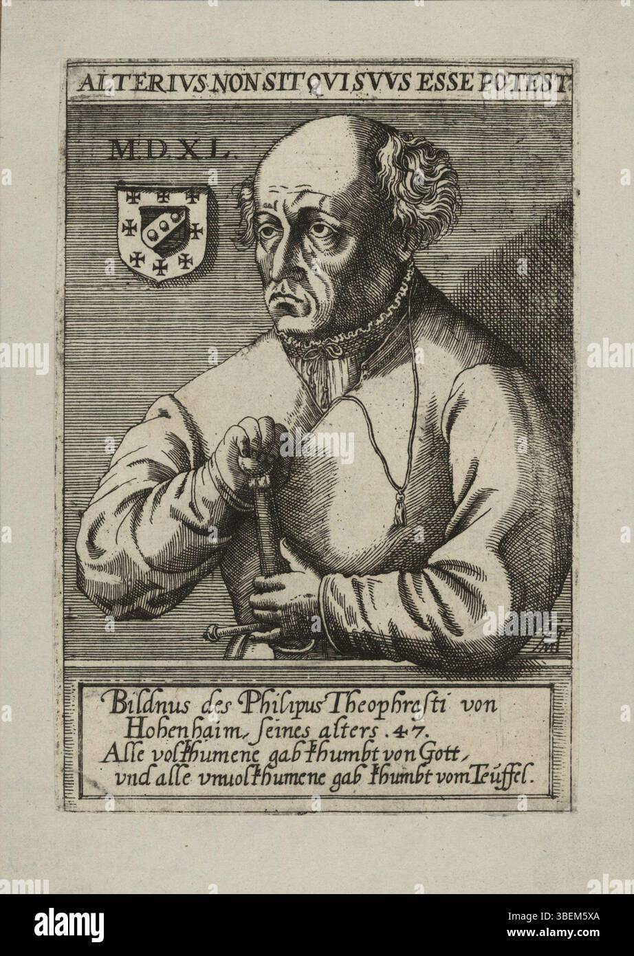 Dieser Kupferstich von 1540 zeigt Philipus Theophrastus von Hohenheim, genannt Paracelsus, im Alter von 47 Jahren. Die detailreiche Gravur unterstreicht die Eigenschaften dieses einflussreichen Schweizer Arztes und Alchemisten. Stockfoto
