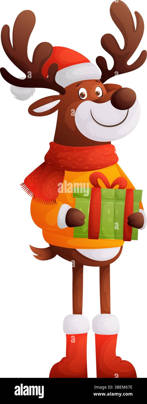 Niedliches Cartoon-Rentier mit Weihnachtsmütze und -Schal, die eine grüne Geschenkbox mit einem roten Band halten. Es verkörpert die Freude der Weihnachtszeit. Stock Vektor