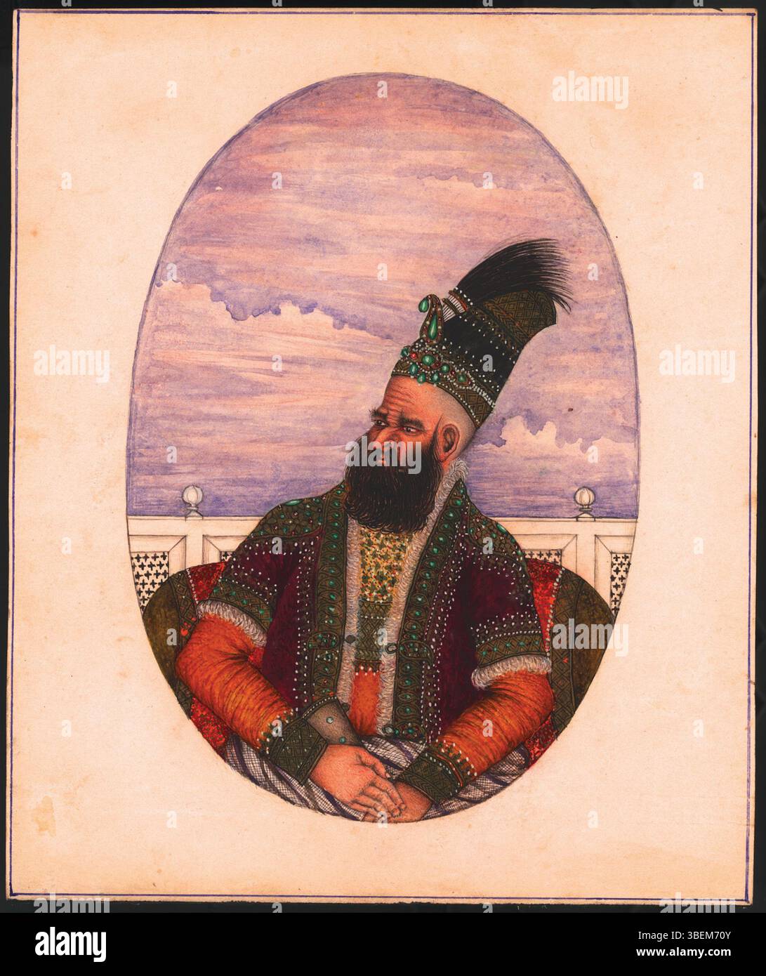 Ein Porträt von Shah Shuja al-Mulk Durrani aus dem 19. Jahrhundert, dem afghanischen Herrscher des Durrani-Reiches, Teil der Toor-Sammlung. Shah Shujas Porträt ist bekannt für seine turbulente Herrschaft und fängt das königliche Bild eines Monarchen ein. Stockfoto