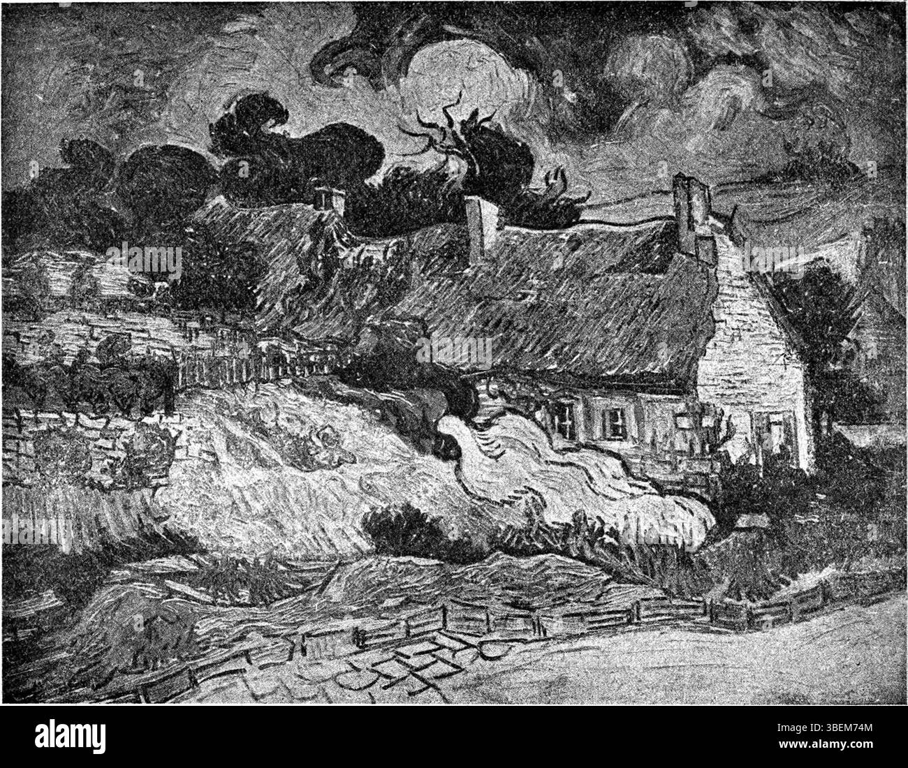 Dieser artikel aus dem 20. Jahrhundert in „de Nieuwe Amsterdammer“ untersucht eine Landschaft mit dem Titel „Huizen in Auvers-sur-Oise“ von Vincent van Gogh, beeinflusst von Paul Cézannes Maltechniken. Sie spiegelt die Entwicklung der postimpressionistischen Kunst wider. Stockfoto