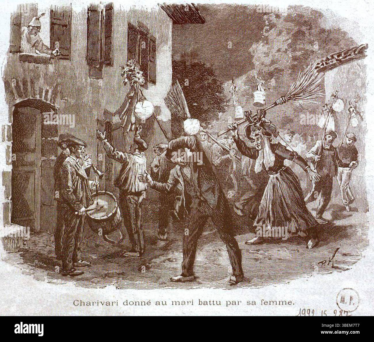 Diese Illustration aus der Ausgabe des Magazins L'Illustration vom 9. Juni 1894 zeigt eine satirische Darstellung eines „charivari“, einer traditionellen lautstarken Feier. Das Kunstwerk fängt die lebendige und humorvolle Natur dieser gesellschaftlichen Ereignisse im Frankreich des 19. Jahrhunderts ein. Stockfoto